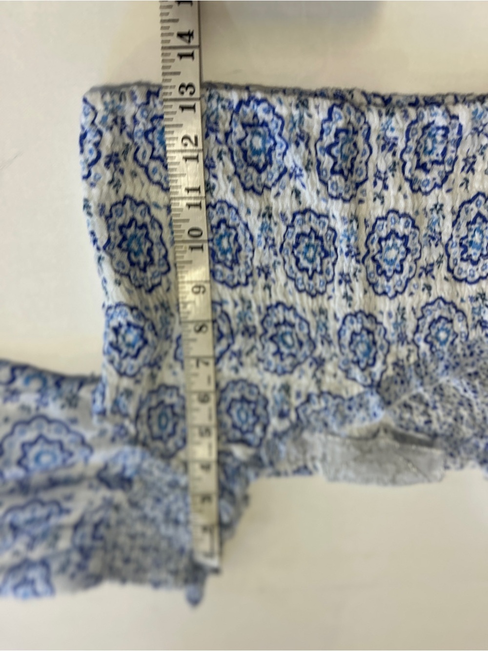 Temptation Positano Blue & White 100% Linen Smocked Puff Sleeve Crop Top Women’s - Picture 5 of 10